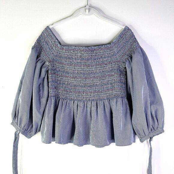 Honey & T Top Women XL Blue Peasant Smocked Gingham Babydoll Milkmaid Boho NWOT - Picture 1 of 8